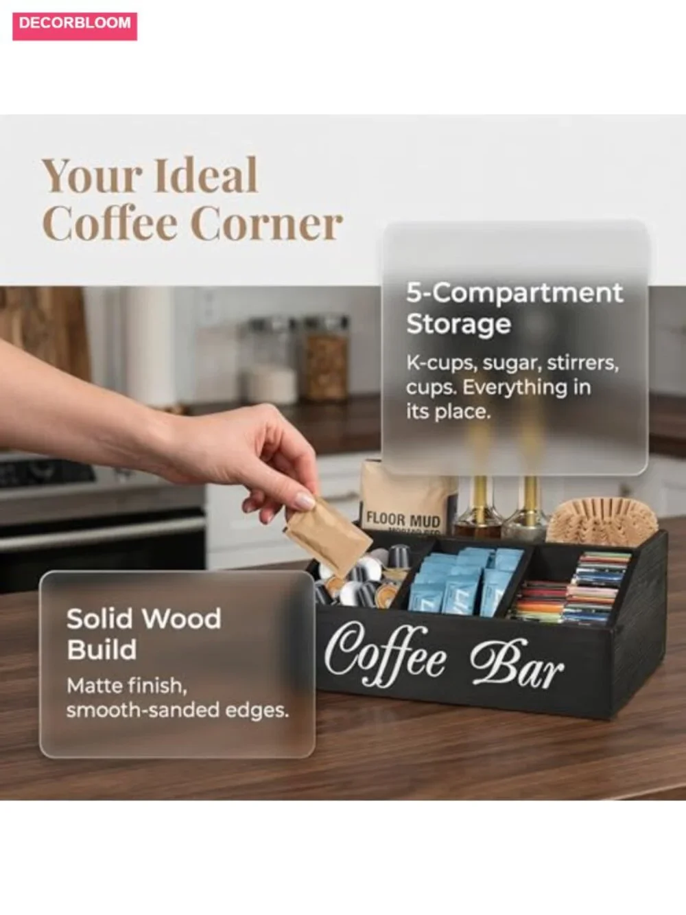 Double Layer Coffee Station Organizer with Drawers, Natural Solid Wood